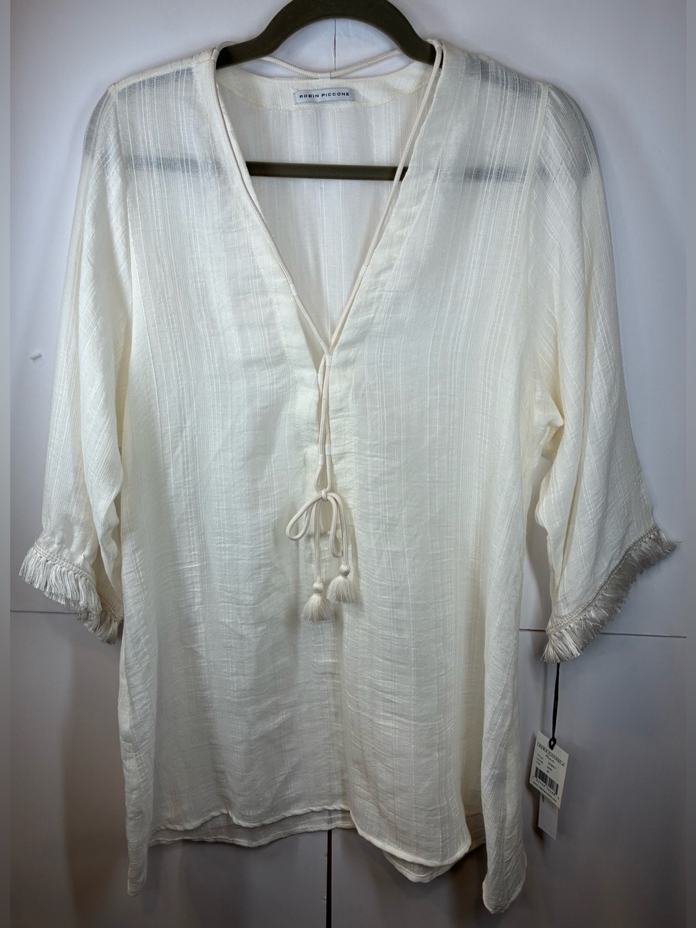 Robin Piccone NATALIE Ecru Tassel Tunic Cover Up NWT Boho Fringe Top XS